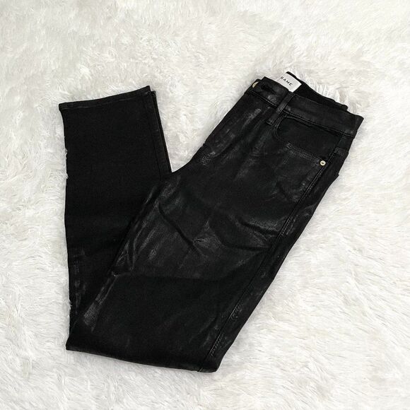 Women Frame Le Sylvie Slender Straight Jeans Coated in Black Size 27